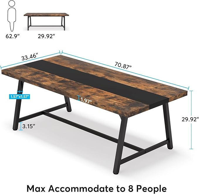 LITTLE TREE 70.87 Inches Dining Table for 8 People, Wooden Kitchen Table with Strong Metal Frame for Big Family, Rectangular Large Long Dining Room Table for Gathering, Rustic Brown