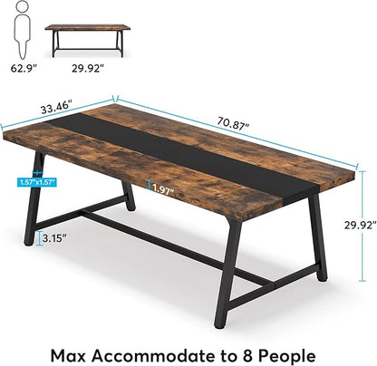 LITTLE TREE 70.87 Inches Dining Table for 8 People, Wooden Kitchen Table with Strong Metal Frame for Big Family, Rectangular Large Long Dining Room Table for Gathering, Rustic Brown