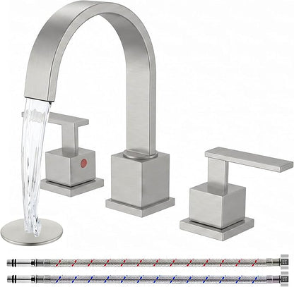 KINGO HOME 3 Hole Widespread Brushed Nickel Bathroom Faucet,Modern Waterfall 8 inch 2 Handle Bathroom Sink Faucet Vanity Bathroom Faucet for Sink 3 Hole with Pop Up Drain and Water Supply Lines