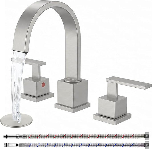 KINGO HOME 3 Hole Widespread Brushed Nickel Bathroom Faucet,Modern Waterfall 8 inch 2 Handle Bathroom Sink Faucet Vanity Bathroom Faucet for Sink 3 Hole with Pop Up Drain and Water Supply Lines