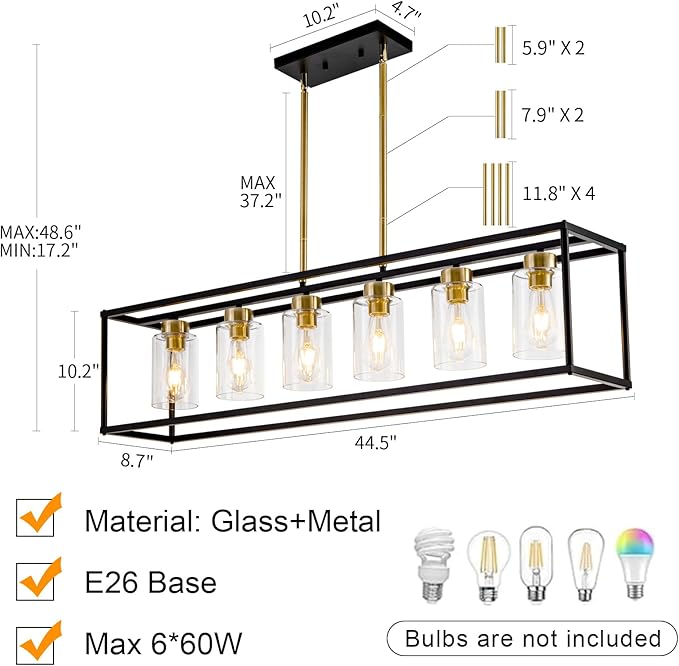 6 Lights Modern Dining Room Light Fixtures Over Table Black & Brushed Brass Gold Farmhouse Chandelier Rectangular Pendent Lighting for Kitchen with Glass Shade Long Linear Industry Hanging Light