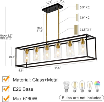 6 Lights Modern Dining Room Light Fixtures Over Table Black & Brushed Brass Gold Farmhouse Chandelier Rectangular Pendent Lighting for Kitchen with Glass Shade Long Linear Industry Hanging Light