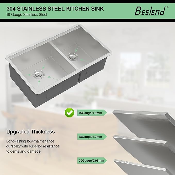 33 Undermount Kitchen Sink - 33x19 Double Bowl Kitchen Sinks Workstation 16 Gauge Stainless Steel Sink Low Divide Double Basin 60/40