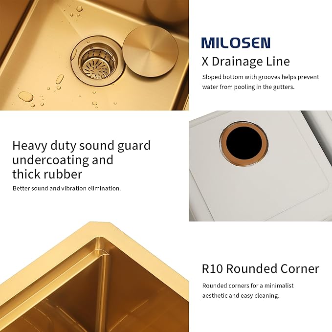 MILOSEN 32 Inch Gold Undermount Kitchen Sink, 50/50 Double Bowl Workstation Sink with Integrated Ledge & Accessories,10''Large and Deep T304 Stainless Steel Handmade Sinks
