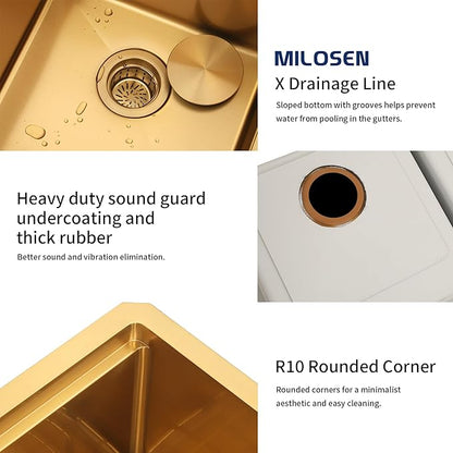 MILOSEN 30x18 Inch Gold Undermount Kitchen Sink, 50/50 Gold Double Bowl Workstation Sink with Integrated Ledge & Accessories,10''Large and Deep T304 Stainless Steel Handmade Sinks