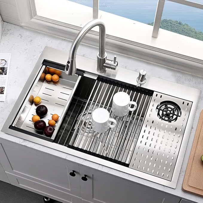 Stainless Steel Kitchen Sink with Cup Washer-Hovheir 31x20 Drop In Top Mount Kitchen Sink Workstation 16 Gauge Stainless Steel Single Bowl Deep Sinks Over Mount Sinks with Glass Rinser, Cutting board