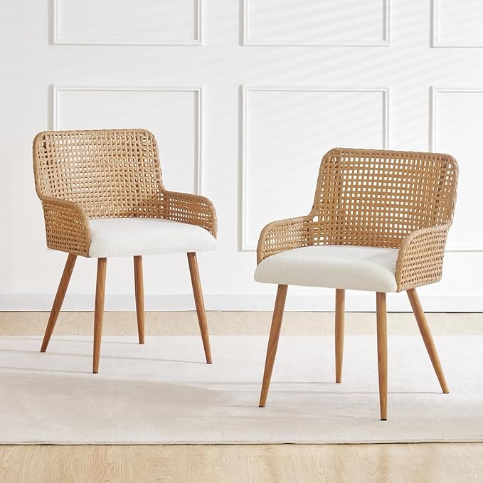 Rattan Dining Chairs,Upholstered Boucle Fabric Dining Chairs with Armrest and PE Cane Backrest, Mid Century Modern Dining Room Chairs with Metal Legs for Kitchen Island,Set of 2