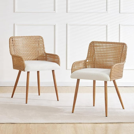 Rattan Dining Chairs,Upholstered Boucle Fabric Dining Chairs with Armrest and PE Cane Backrest, Mid Century Modern Dining Room Chairs with Metal Legs for Kitchen Island,Set of 2