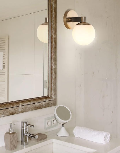 JONATHAN Y 5.75" Brass Gold/Black 1-Light Modern Globe LED Vanity Wall Sconce Light, White Frosted Glass Shade, Mid-Century Art Deco Wall Lamp for Bathroom, Kitchen, Hallway JYL3540A