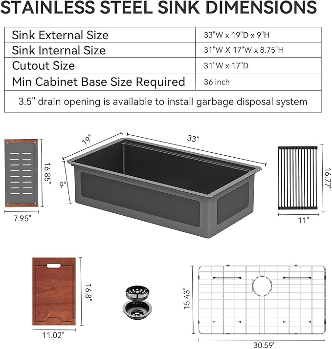 Lordear 33 Black Kitchen Sink Undermount Honeycomb Nano Finish 16 Gauge T304 Stainless Steel Single Bowl Workstation Sink with Cutting Boards Handmade