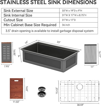 Lordear 33 Black Kitchen Sink Undermount Honeycomb Nano Finish 16 Gauge T304 Stainless Steel Single Bowl Workstation Sink with Cutting Boards Handmade