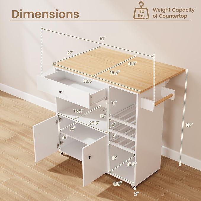Giantex Rolling Kitchen Island Cart with Drop Leaf, Power Outlet, Spice Rack, 12 Wine Rack, Glass Holder, Drawer, Storage Cabinet, Towel Rack, Island Table for Breakfast Coffee Bar (White & Natural)