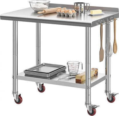 DWVO 36x24in Stainless Steel Table, NSF Metal Prep Worktable with Backsplash & Wheels for Kitchen Restaurant Hotel Garage Warehouse Home