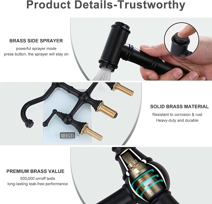 WOWOW Black Kitchen Faucet with Side Sprayer, 4 Hole Brass Kitchen Faucets for Sink, 2 Handle 8 Inch Centerset Bridge Faucet Vintage Farmhouse Copper Kitchen Sink Faucets