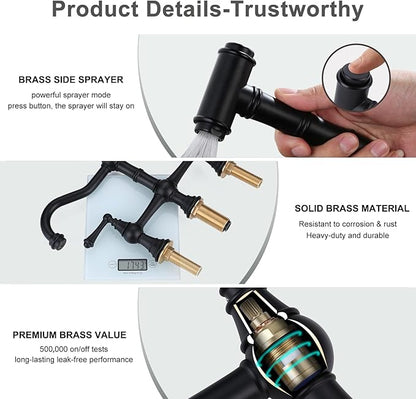 WOWOW Black Kitchen Faucet with Side Sprayer, 4 Hole Brass Kitchen Faucets for Sink, 2 Handle 8 Inch Centerset Bridge Faucet Vintage Farmhouse Copper Kitchen Sink Faucets