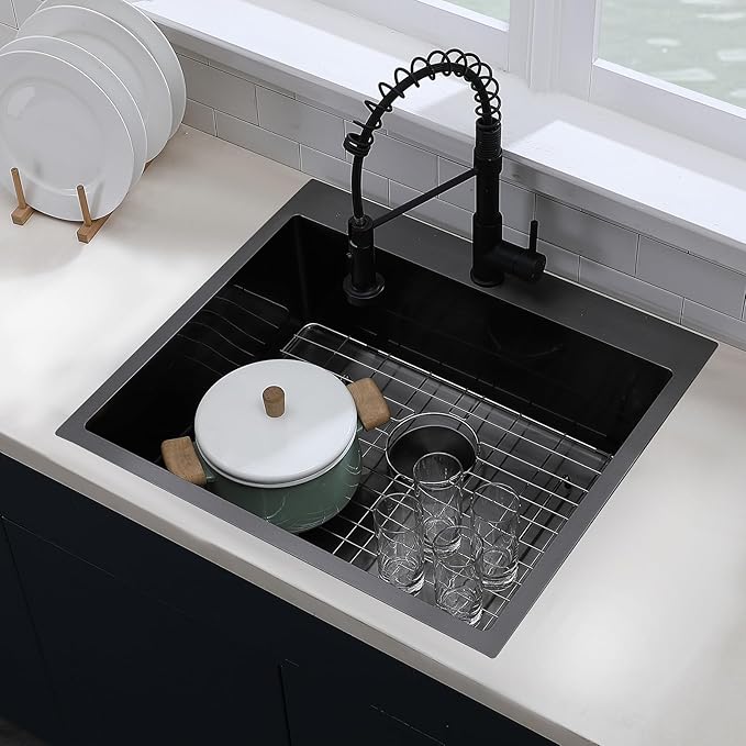 VCCUCINE 25 Inch Black Drop in Kitchen Sink,25x22 Inch Gunmetal Black Single Bowl Stainless Steel Basin Topmount Kitchen Sink,16 Gauge Metal Laundry Sink Black Small Kitchen Sink