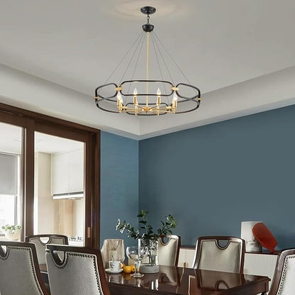Black and Gold Chandelier, 31" Large 8-Light Industrial Chandeliers for Dining Room, Round Farmhouse Kitchen Pendant Light Fixture for Entryway, Living Room, Bedroom, Foyer