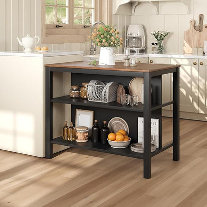 45" Vintage Wood Kitchen Island Cart, Dining Table Prep Table with 2 Open Shelves Butcher Block Island Table for Small Places, Dining Room, Living Room & Bedroom, Walnut+Black