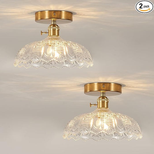 Semi Flush Mount Ceiling Light, Gold Vintage Hallway Light Fixture with Clear Water Lily Glass Lampshade Brass Modern Ceiling Light Fixtures for Porch Kitchen Bedroom Hallway 2pack