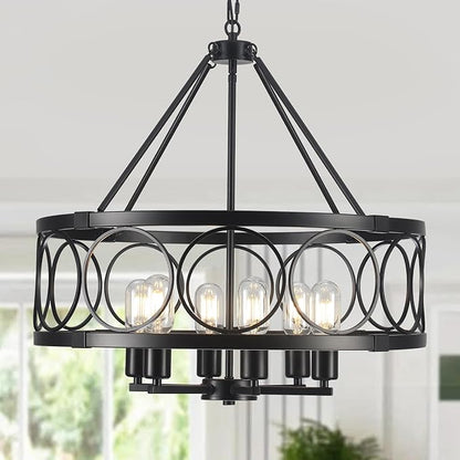 Black Farmhouse Chandelier, 6-Light Rustic Chandeliers for Dining Room Light Fixture, Drum Chandelier Round Pendant Light, Hanging Kitchen Island Lighting for Living Room, Entryway, Foyer