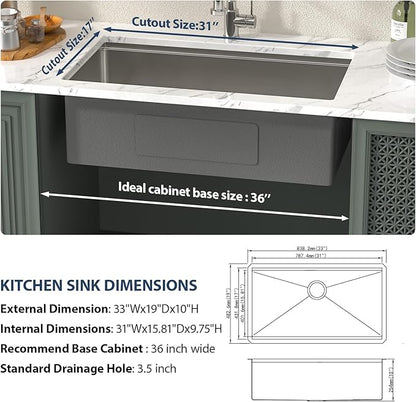 Lordear 33 Undermount Kitchen Sink 33" x 19" Stainless Steel Sinks 16 Gauge Single Bowl Ledge Workstation Handmade Under Counter Kitchen Sink Basin with Built-In Accessories