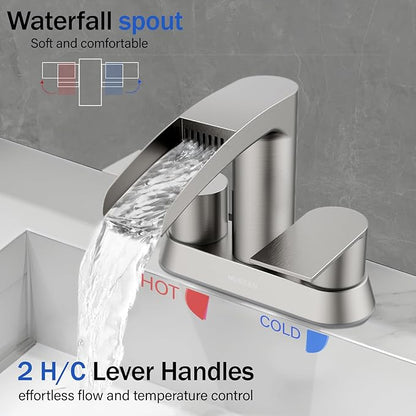 Bathroom Sink Faucet for 3 Hole, Hurran 4 Inch Bathroom Faucets with Pop-up Drain, Stainless Steel 2-Handle Waterfall Faucet for Sink, Brushed Nickel