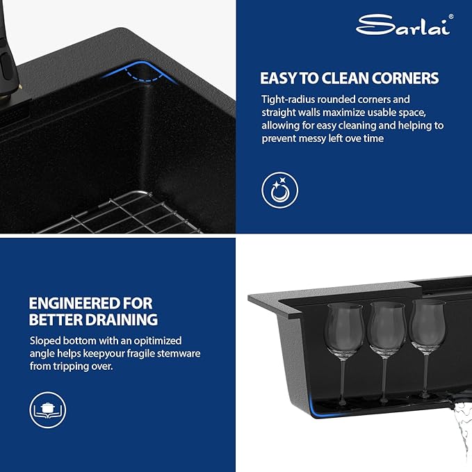 Sarlai Waterfall Kitchen Sink - Granite Composite Black Kitchen Sink 33 Inch Drop In Topmount Workstation Granite Matte Black Quartz Single Bowl Multifunction Sinks with Waterfall