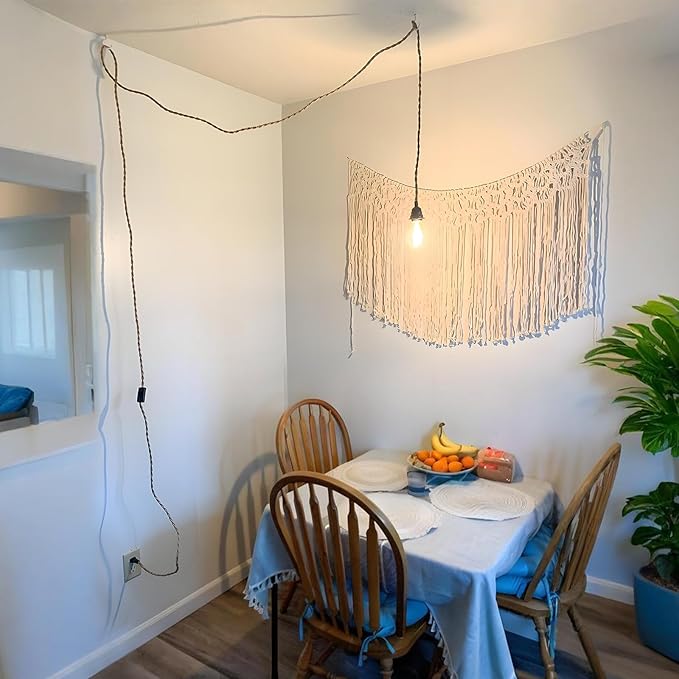 16.4ft Plug in Pendant Light Cord 2-Pack, Farmhouse Hemp Rope Hanging Lights Cord Kit with Switch, Industrial Vintage Plug in Hanging Light Fixture DIY E26 E27 Lamp Socket Cord, No Bulb