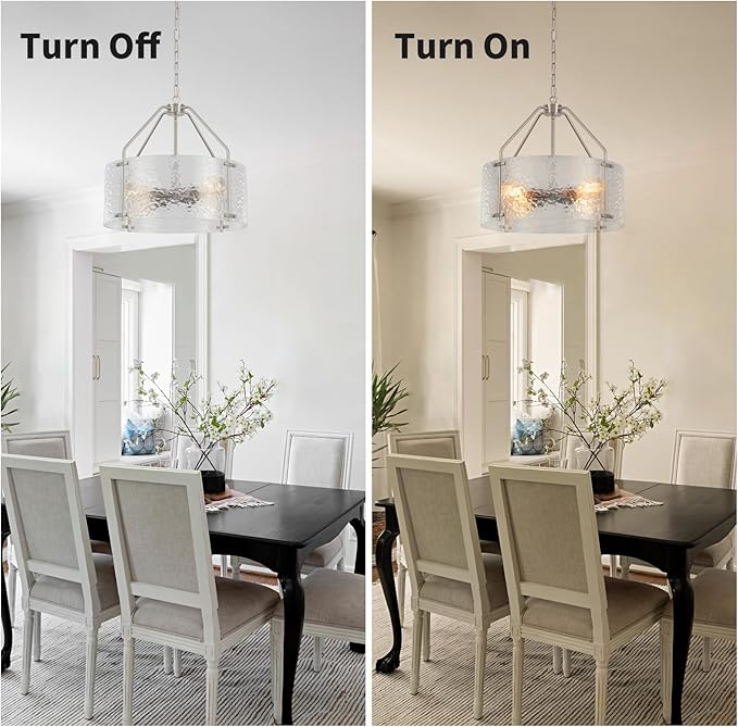 Glass Drum Chandelier for Dining Room 18'' Brushed Nickel Entryway Light Fixture 4-Light Kitchen Chandeliers Over Table Bedroom Light Fixture for Living Room Hallway Foyer Kitchen