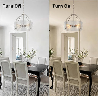 Glass Drum Chandelier for Dining Room 18'' Brushed Nickel Entryway Light Fixture 4-Light Kitchen Chandeliers Over Table Bedroom Light Fixture for Living Room Hallway Foyer Kitchen