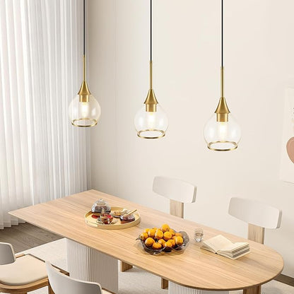 1-Piece Island Light for Kitchen, 1-Light Gold Kitchen Island Hanging Pendant Light, Brushed Gold Dining Room Light Fixture Over Table with Clear Round Glass Shades