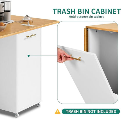 YITAHOME Folding Kitchen Table with Power Outlet, Drop Leaf Kitchen Table Islands for 2 on Wheels, Convertible Trash Can Storage Cabinet for 10 Gallon Garbage Bin, Adjustable Storage Racks, Wihte Oak