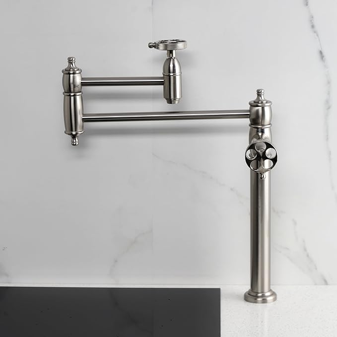 Kingston Brass KS3708RKZ Wendell Two-Handle 1-Hole Deck Mount Pot Filler Faucet with Knurled Handle in Brushed Nickel