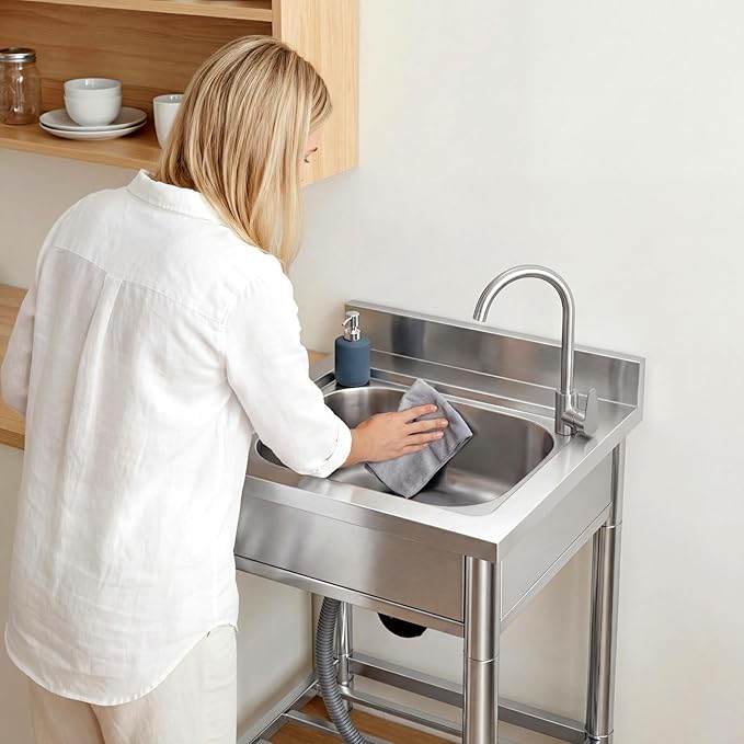 Free Standing Stainless-Steel Single Bowl Commercial Restaurant Kitchen Sink Set w/Faucet, Prep & Utility Washing Hand Basin w/Storage Shelve, laundry tub for Indoor Outdoor (22in)