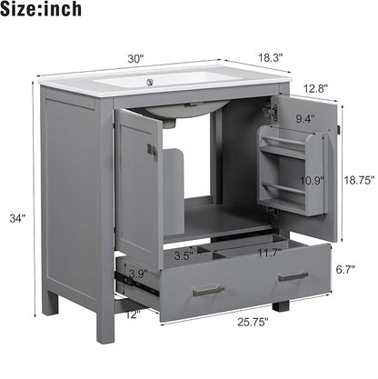 GDFStudio 30" Bathroom Vanity Sink Combo with 1 Drawers & 2 Soft Closing Doors Floor Mount Freestanding Wood Bathroom Storage Cabinet Set with Ceramic Basin Sink Top for Small Bathroom Space, Green