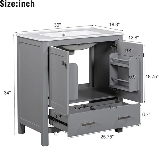 GDFStudio 30" Bathroom Vanity Sink Combo with 1 Drawers & 2 Soft Closing Doors Floor Mount Freestanding Wood Bathroom Storage Cabinet Set with Ceramic Basin Sink Top for Small Bathroom Space, Green