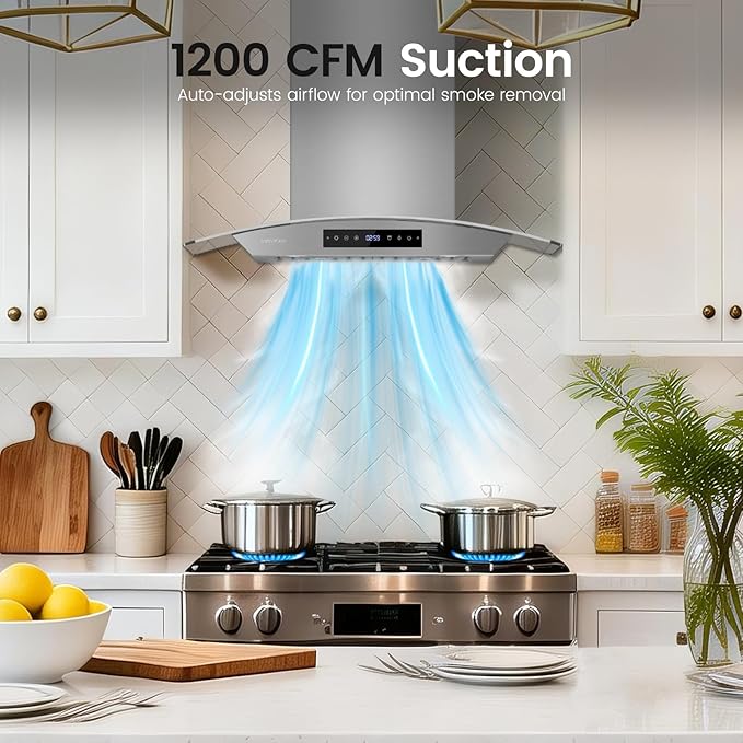30 inch Wall Mounted Range Hood, 1200 CFM Kitchen Hood with Energy Saving DC Motor, 8-Speed Fan, Ducted/Ductless Convertible, Memory Function & Delay Shutoff, Tempered Glass