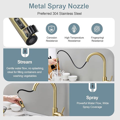 Gold Kitchen Faucets with Pull Down Sprayer, Single Handle High Arc Modern Stainless Steel Sink Faucet with Deck Plate, 1 or 3 Hole Deck Mount for RV, Bar, Farmhouse, Laundry, Outdoor