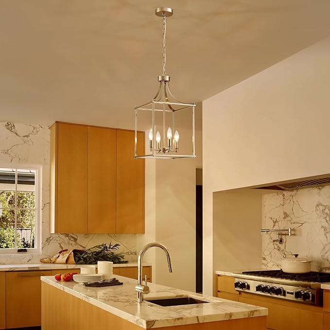 XINGQI Farmhouse Brushed Nickel Chandeliers for Dining Room, Geometric 4 Light Hanging Lantern Pendant Light Fixture for Staircase Foyer Kitchen Island Dinning Room Living Room