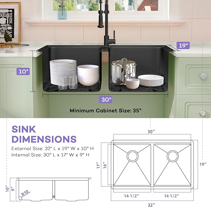 LQS 32 Inch Black Kitchen Sink, Undermount Kitchen Sink Black with Abundant Workstation Accessories, 10” Deep Enough and 50/50 Double Kitchen Sink for Food Prep and Dish Rinsing