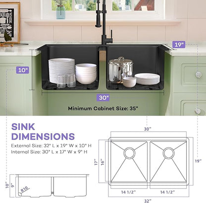 LQS 32 Inch Black Kitchen Sink, Undermount Kitchen Sink Black with Abundant Workstation Accessories, 10” Deep Enough and 50/50 Double Kitchen Sink for Food Prep and Dish Rinsing