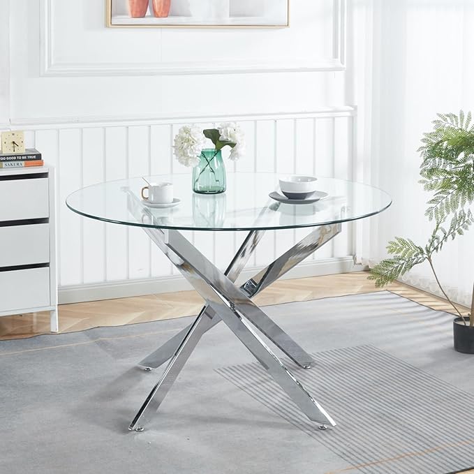 47.2'' Round Glass Dining Table for 4, Round Dining Room Table with X-Shape Metal Legs, Clear Circular Top Glass Silver Kitchen Table for 4, Perfect for Apartment Small Space