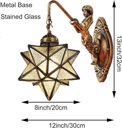 Moravian Star Wall Light with Tiffany Stained Glass Cover, Vintage Rustic Industrial Wall Sconce Retro Wall Mount Lamps Fixture 1-Light,Clear