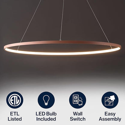 JONATHAN Y 35" Matte Pink Modern Integrated LED Pendant Light, Dimmable Round Hoop Chandelier for Kitchen Island, Dining Room, Adjustable Height Metal Hanging Light (JYL7220B)