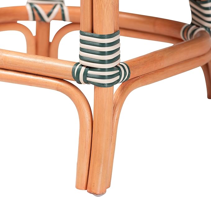 Bali & pari Mattie Rattan Bistro Counter Stool - Handwoven Accent Seating with Backrest for Kitchen Island or Indoor/Outdoor Lounge, Dark Teal Green & White