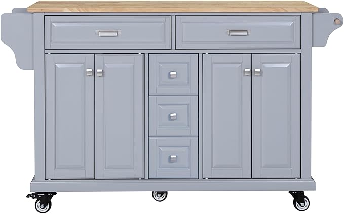 GOWE Kitchen Island with Rubber Wood Countertop, Kitchen Cart on 5 Wheels with Storage Cabinet and 5 Drawers for Dinning Room, Grey