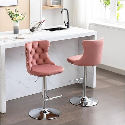 Swivel Velvet Barstools Adjusatble Seat Height from 25-33 Inch, Modern Upholstered Chrome Base Bar Stools with Backs Comfortable Tufted for Home Pub and Kitchen Island（Pink,Set of 2）