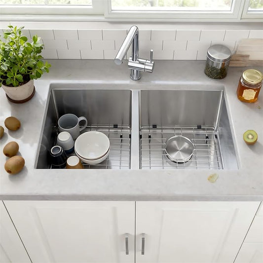 Kitsitchen 31 Inch Double Bowl Undermount Kitchen Sink,16 Gauge T-304S Stainless Steel Kitchen Sink with Drain Strainers & Grids,31" x 18" x 9" Large and Deep Kitchen Sinks,50/50 Design
