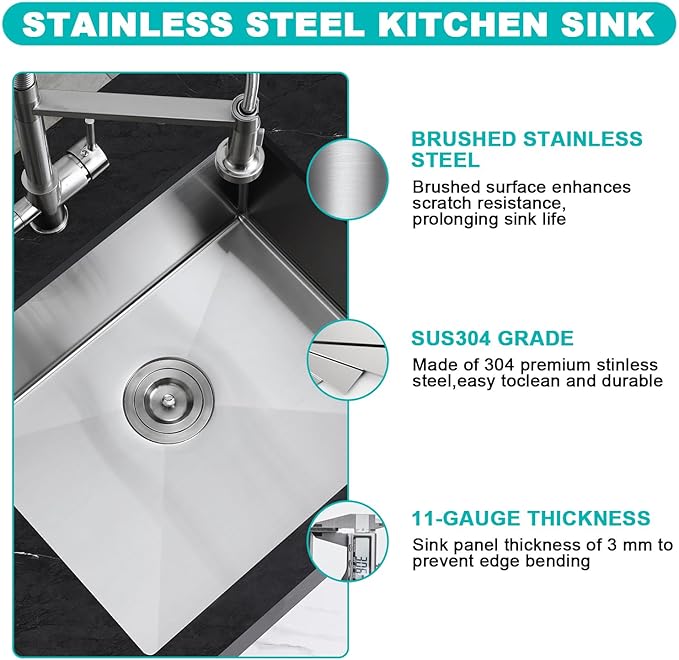 Brushed 24 Inch Undermount Kitchen Sink, 18 Gauge 304 Stainless Steel Single Bowl with Bottom Grid & Roll-Up Drying Rack, 9" Deep Utility Sink for Laundry, Kitchen, Bar