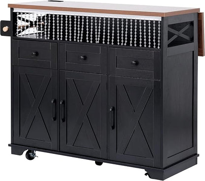 Ball & Cast 46.5" Kitchen Island with Drape of Beads&Power Outlet,Rolling Kitchen Cart on 5 Wheels W/ 3 Drawers,Kitchen Storage Cart W/Internal Iron Shelf&Towel Rack,for Kitchen,Dining Room,Black